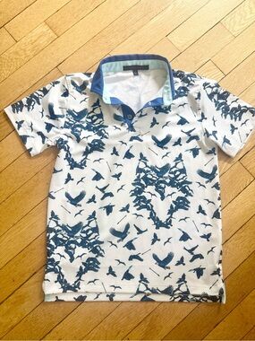 Greyson Boys White Polo with Blue Bird Print